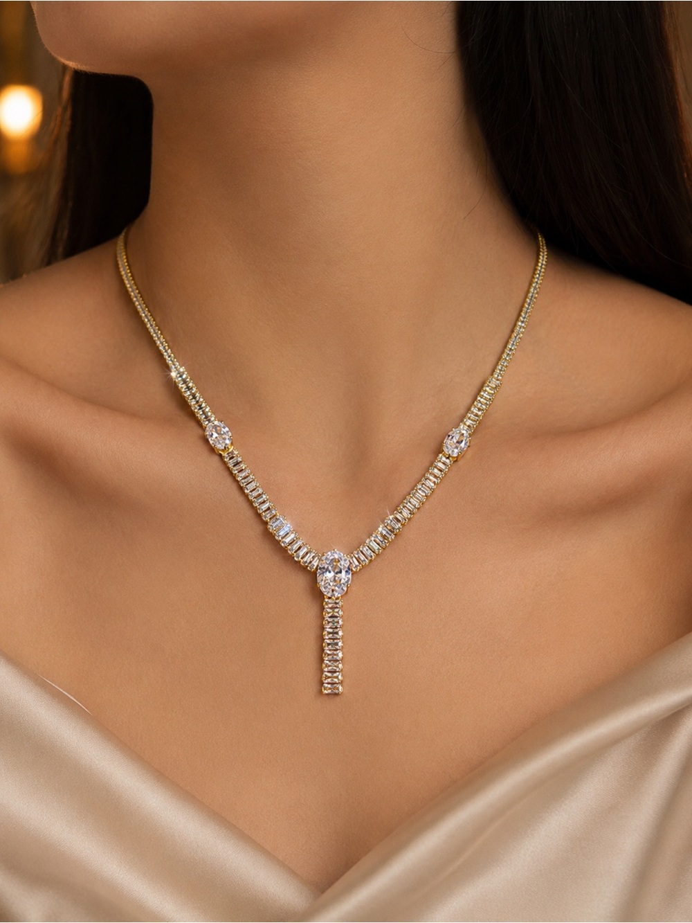 Elegant Gold CZ Crystal Drop Necklace & earrings - Women Jewelry